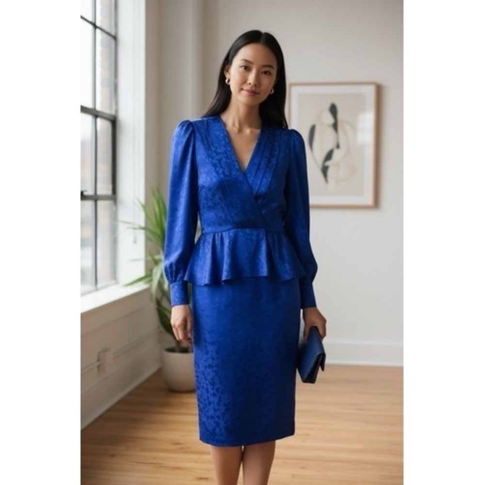 VTG 80s Blue Jacquard Sateen Peplum Waist Midi Dress Women 7/8 Hong Kong - Picture 7 of 7